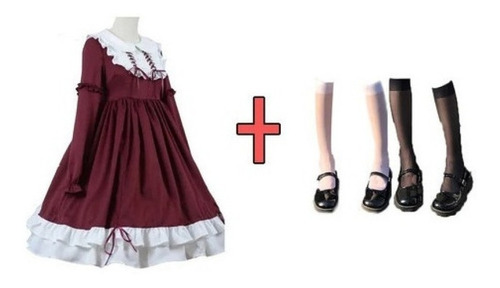 Vestido Lolita Japonés Para Mujer + 2pcs Medias