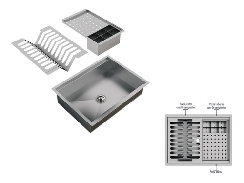 Calha Úmida Quadrada Lateral Escorredor Louça Inox Embutido Cor Escovado Scotch Brite