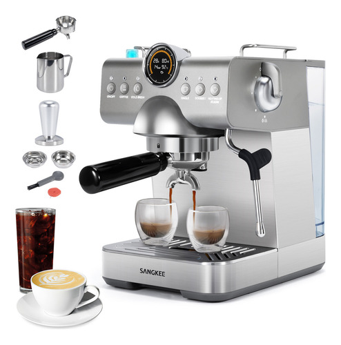 Sangkee Máquina de espresso con Cold Brew, Cafetera Espresso Profesional con Varilla de Vapor para Espumar Leche para Lattes y Capuchinos, Máquina de Café Espresso con Pantalla LED (Acero Inoxidable)