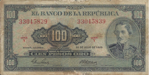 Colombia 100 Pesos Oro 20 De Julio 1965