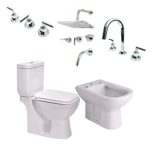 Combo Baño Sanitarios Loza Griferia Aukan Lever Metal Cromo