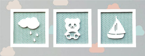 Imagem 2 de 7 de Trio Quadros Infantis Nuvem Panda Barco Alto Relevo