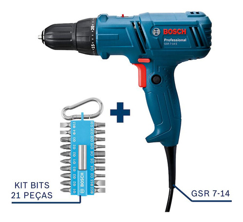 Parafusadeira Furadeira Bosch Gsr 7-14 E 400w E Kit 21 Bits