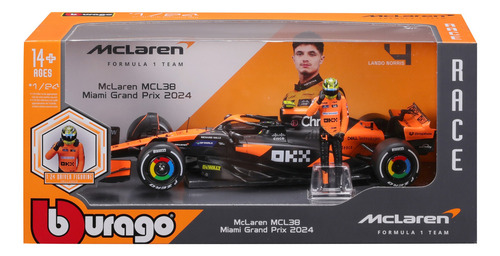 Auto F1race Mclaren Mcl38 2024 Escala 1:24 C/figura #4norris Naranja