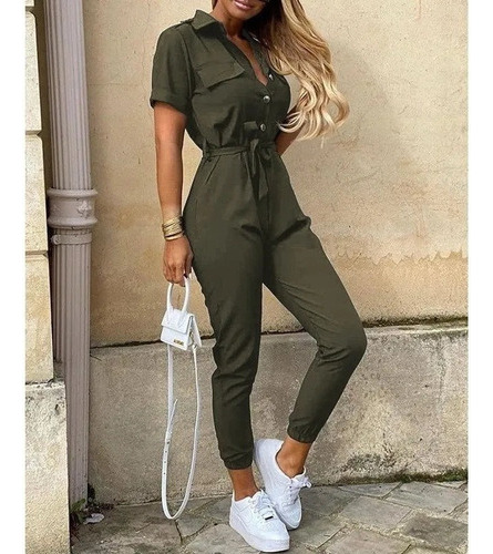 . Women's Casual Jumpsuit Deep V Neck With Buttons