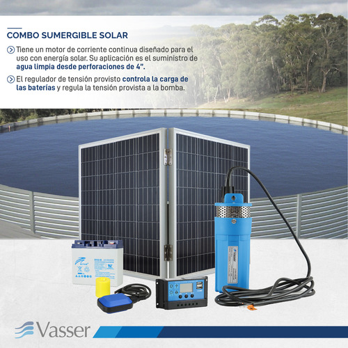 Combo Bomba Sumergible Solar Vasser + Panel + Bateria + Flot
