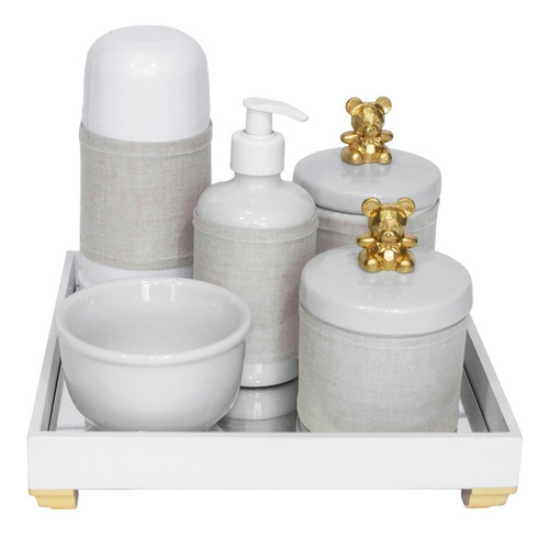 Kit Higiene Completo Porcelana Garrafa Térmica Coroa Dourada Cor Ursinho