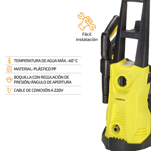 Imagen 4 de 10 de Hidrolavadora Eléctrica Femmto Manguera 8mts Boquilla Turbo Color Negra con Amarillo