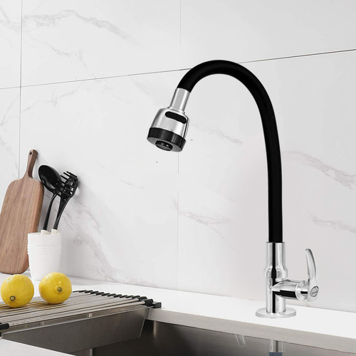 Torneira Flexivel Para Pia De Cozinha Duplo Arejador Jato E Spray Chuveirinho Arejador Cone Mesa Bancada Via Flix Dk-05 Cromado