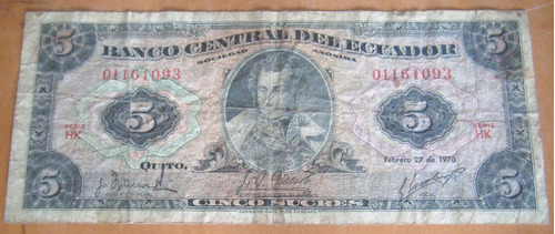 Billete De 5 Sucres De Ecuador 1970