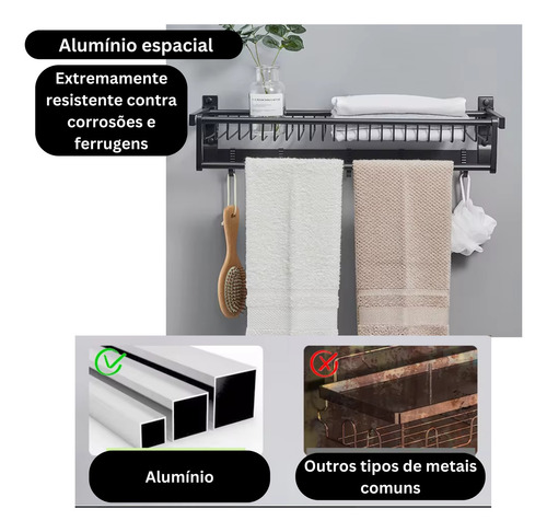Suporte Domma Porta Toalha Banho Duplo Parede 7 Ganchos Preto Fosco
