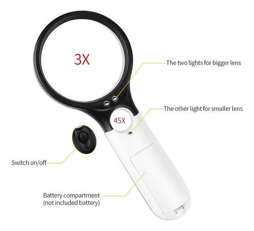 Lupa Lectura Iluminación Luz 3 Led Joyería Hogar Multiusos
