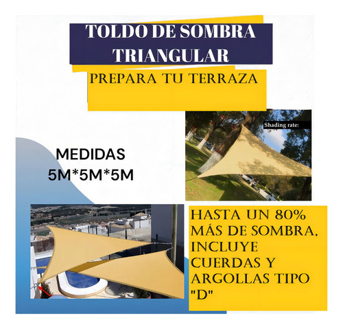 Toldo Vela Malla Sombra Triangular 5 X 5 X 5 Mts