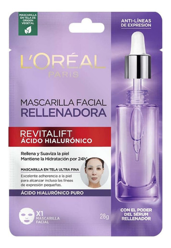 L'oréal Paris Mascarilla Facial Ácido Hialurónico, 1 Pza 