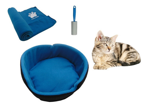 Cama Gato Pequeña + Cobija Térmica Mediana + Quitamotas Color Azul Claro