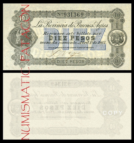 Billete 10 Pesos Moneda Corriente Bs As 1867 - Copia 473