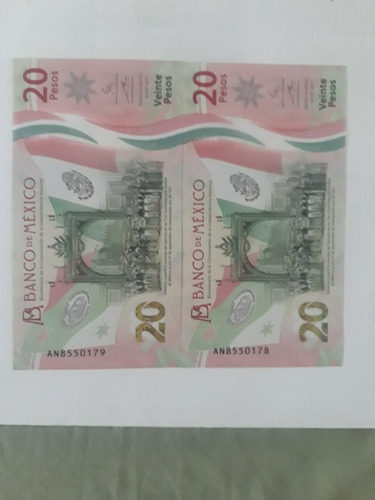 2 Billetes Nuevos 20 Pesosin Circular Numeracion Continua