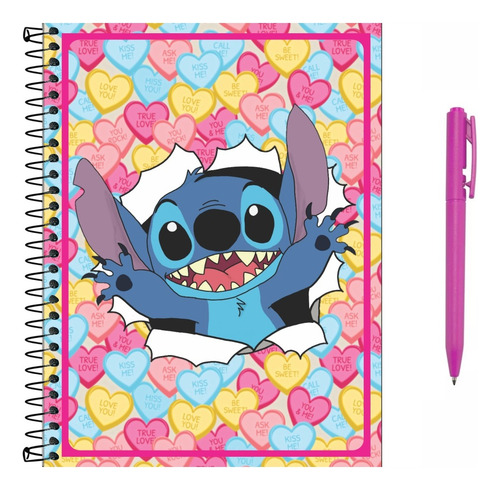 Caderno Stitch Volta Aulas 5 Matérias Com Adesivos + Brinde