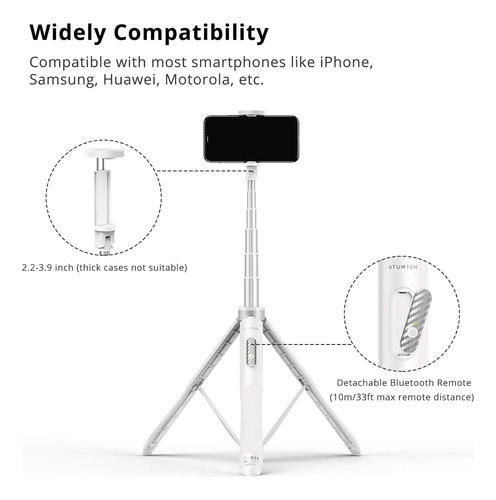 Trípode Para Celular Atumtek 2 En 1, Bluetooth 130 Cm Blanco