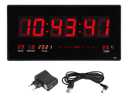 Reloj Digital Pared Luz Led Hora Fecha Temperatura 36x15cm Color De La Estructura Negro Color Del Fondo Negro