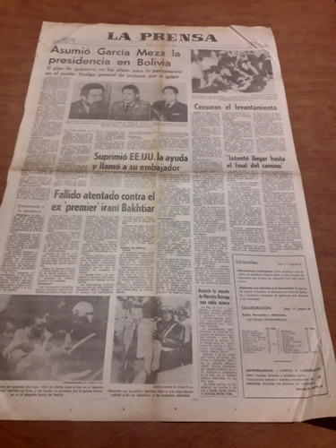 Tapa Diario La Prensa 19 7 1980 Bolivia García Meza Bakhtiar