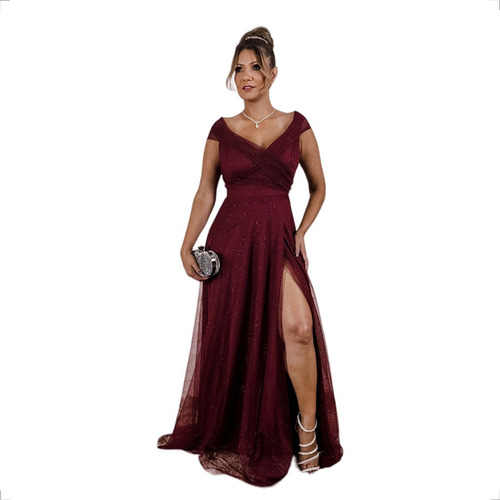 Vestido Festa Madrinha Rose Marsala Tiffany Luxo