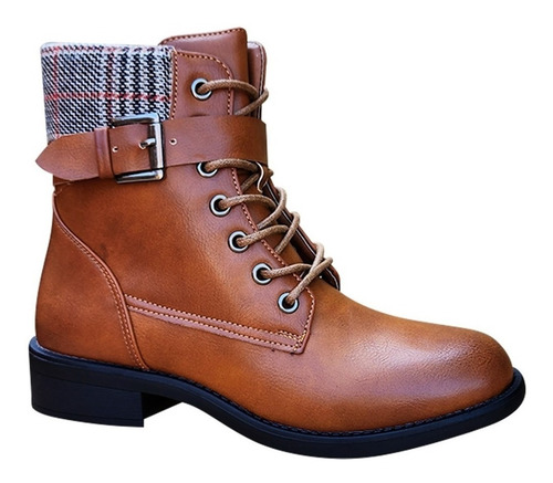 Botin Mujer De Cuero Pu Con Diseño Escoces Casual Camel 7146