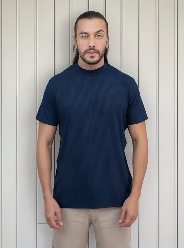 Camisa Casual Masculina Canelada Gola Alta Manga Curta