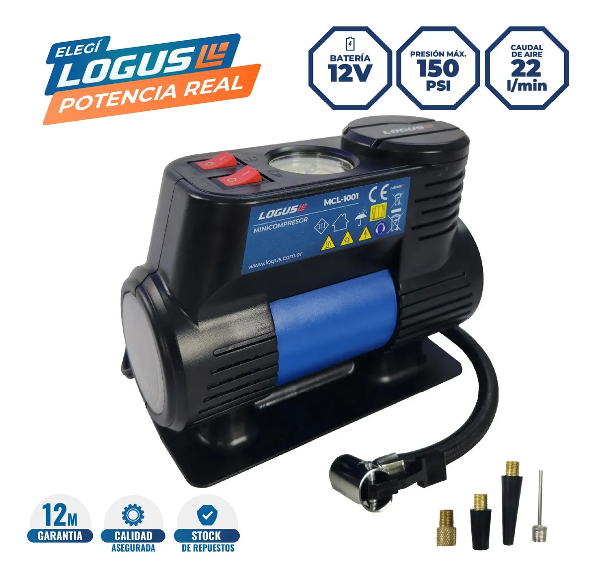 Compresor Aire Portátil Logus 12V 150 PSI Inflador Neumáticos Auto Moto + Accesorios
