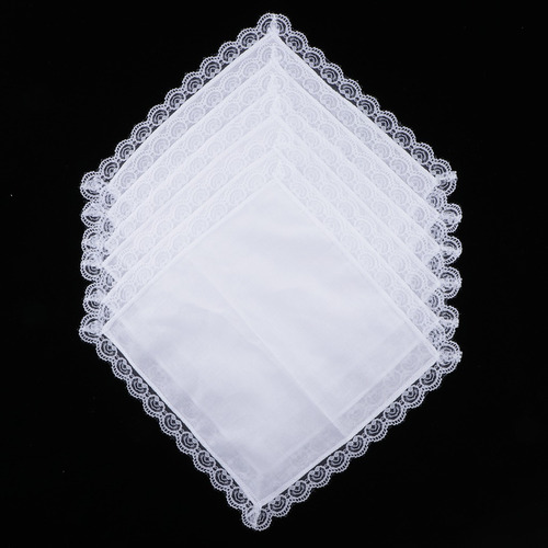 5 Pañuelos Bordados De Encaje, 100% Algodón, Color Blanco