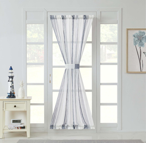 White French Door Curtain Navy Blue Stripe Sheer Window...