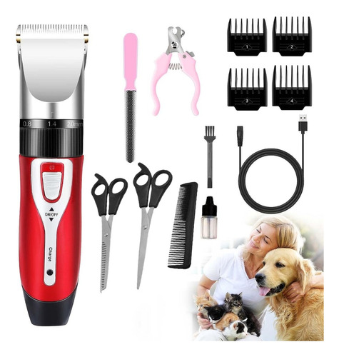 Kit Maquina Cortar Pelo Inalambrica Caniches Perros Mascotas Color Rojo