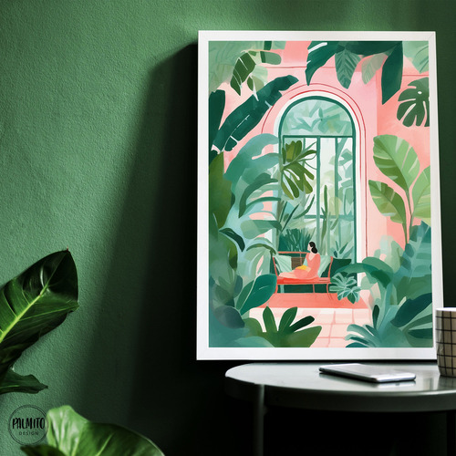 Lámina Decorativa Mujer Jardín Tropical Rosa Plantas Hojas Multicolor Sin Armazón