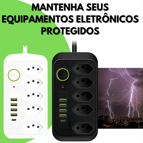 Extensão Filtro De Linha 5 Tomadas Segurança Tipo C 4 Usb Cor Preto