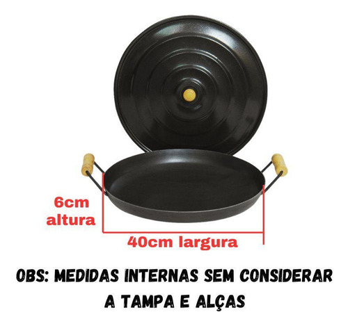 Paellera Frigideira Grande Com Tampa 40cm Aço Laminado 5,5lt