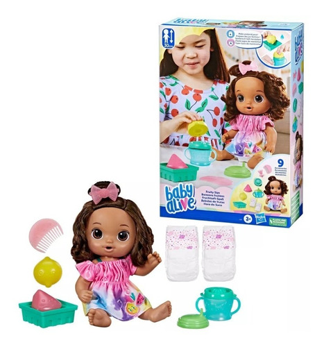 Baby Alive Fruity Sips Muñeca Castaña Hace Pipi Accesorios 