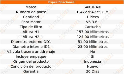 1) Filtro Aceite Dodge Charger 3.6l V6 14/20 Sakura