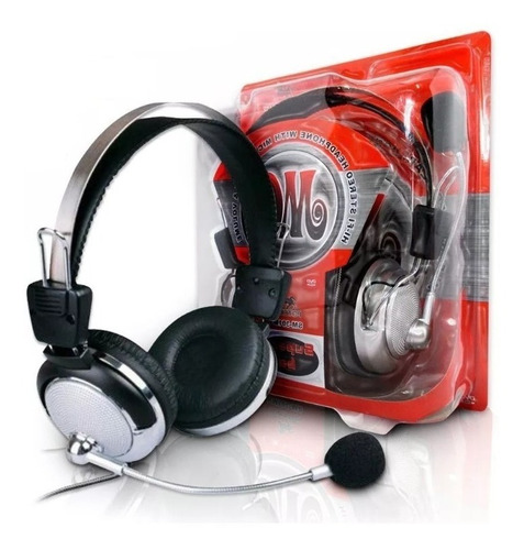 Fone Ouvido Headphone Stereo Notebook Pc Skype Microfone Cor Preto C/Prata