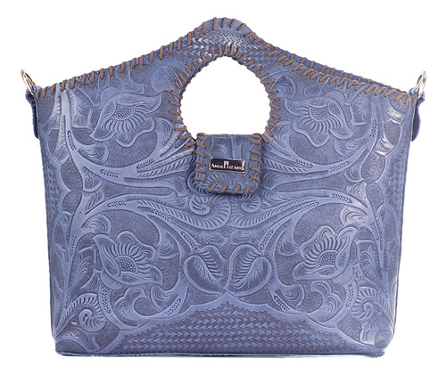 Bolsa Tote De Piel Grabada De Dama Color Azul Teresa Grabado