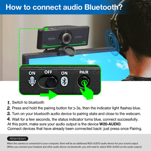 Gsou Cámara Web Bluetooth De 1080p Con Auriculares Bluetooth, Cámara Web Hd Usb Con Micrófono, Plug And Play, Cámara Web De Transmisión Para Reuniones De Zoom, Skype Facetime, Equipos De Pc, Mac