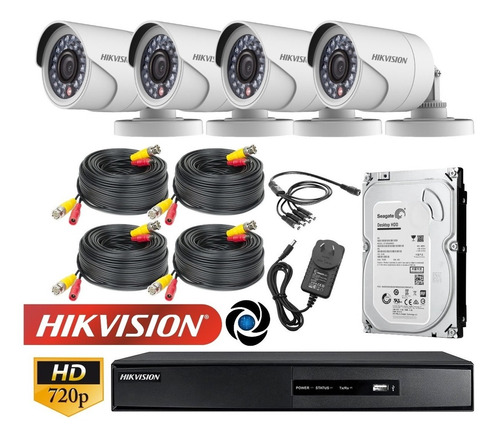 Imagen 1 de 10 de Kit Seguridad Dvr 4ch Hikvision + 4 Camaras 720p 1mp Cctv + Disco + Cables + Fuente