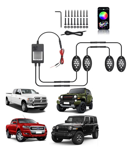 Kit Iluminação Led Roda Chassi Rgb Bluetooth Utv Jeep Pickur