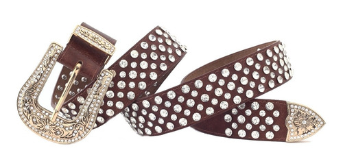 Imagem 2 de 4 de Cinto Feminino Country Marrom Com Strass E Fivela Dourada