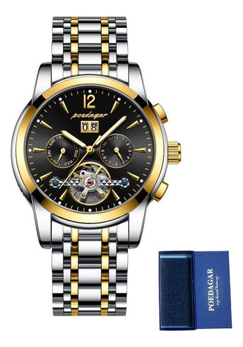 Relógio de pulseira mecânica Poedagar com corpo prateado, analógico, para homem, com pulseira colorida de aço inoxidável, prata e ouro e bisel e borboleta pretos
