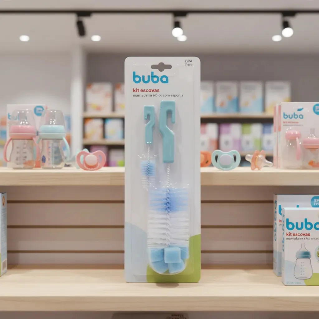 Kit Escovas Mamadeira E Bico Buba Com Esponja Bpa Free Cor Azul celeste
