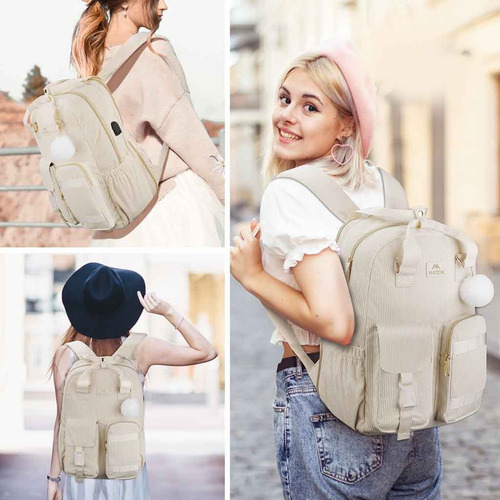 Mochila Corduroy Matein Urbana 30 L Portalaptop 15.6 Mujer Color Beige Diseño De La Tela Liso