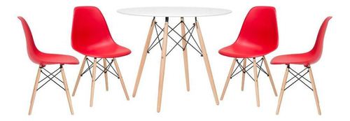 Kit Jantar Cozinha Eames Wood Mesa 90 Cm  4 Cadeiras Dsw Tampa Mesa Branco Com Cadeiras Vermelho