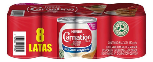 Paquete Leche 100% Evaporada Nestlé Carnation Clavel 8 Pzas
