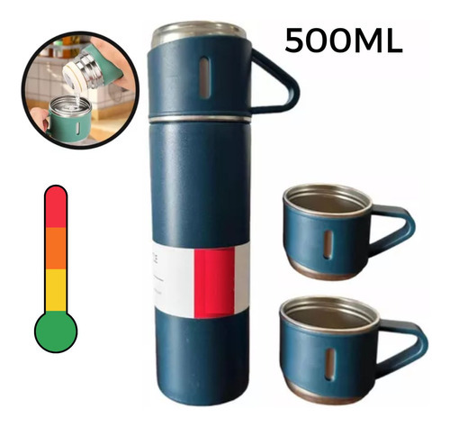 Kit Garrafa Térmica Vacuum Flask Set 500ml Com 3 Xícaras Fav Cor Azul