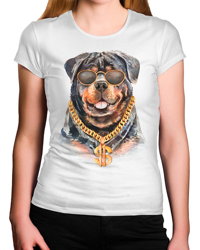 Camiseta Feminina Rottweiler Com Corrente Ouro